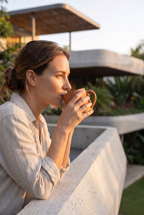Woman drinking coffee in a tranquil setting