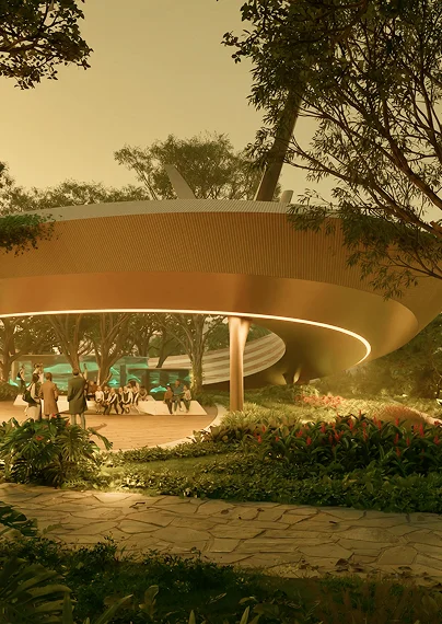 Aldea Uh May architecture glowing at sunset